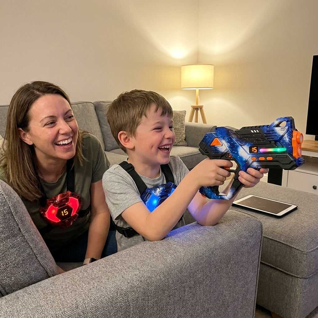 Mom and son playing Beamaroo laser tag together at home